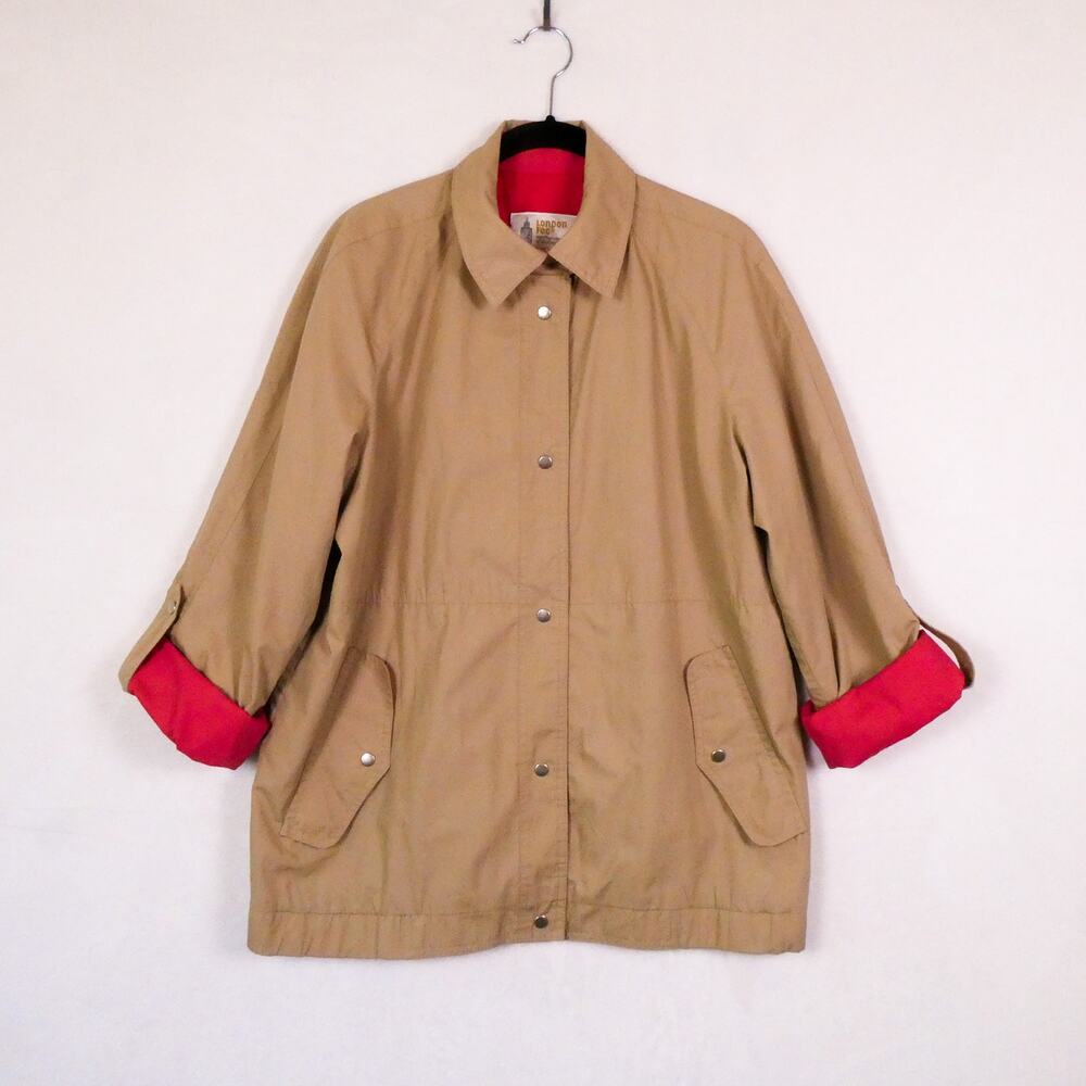 Vintage 80s London Fog Short Trench Jacket Size 9/10 Chore Coat Red Lining Retro